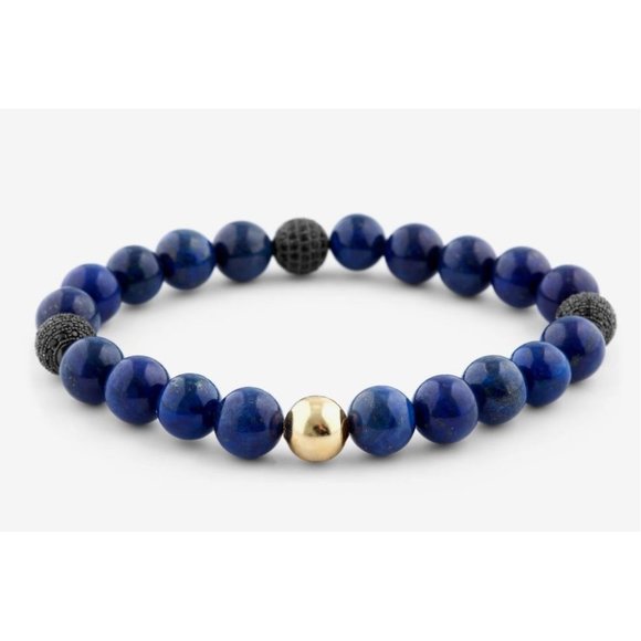 10mm Blue Lapis Lazuli with CZ Black Crystal Ball Stretch Bracelet - Picture 3 of 9